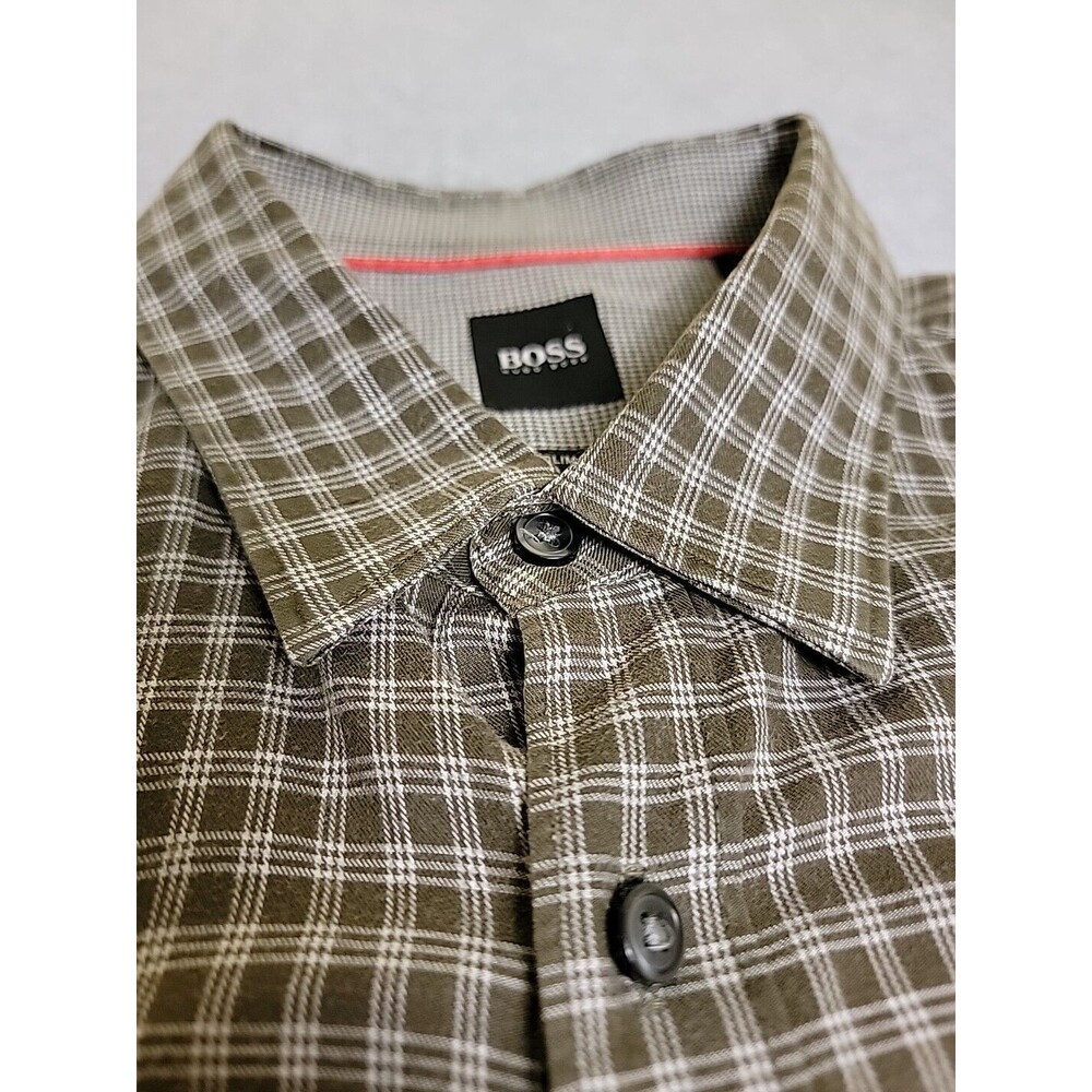 Hugo Boss Shirt Mens L Olive Green Black Plaid Slim Cotton Preppy‎ Flip Cuffs - Picture 4 of 13